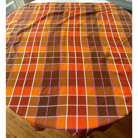 Vintage 70s pleated curtain, orange brown yellow purple plaid, single panel - Picture 5 of 10